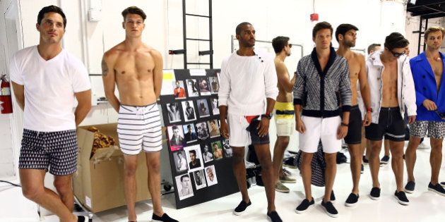 NEW YORK, NY - JULY 15: Models prepare backstage at Nautica - Presentation - New York Fashion Week: Men's S/S 2016 at Skylight Clarkson Sq on July 15, 2015 in New York City. (Photo by Astrid Stawiarz/Getty Images)