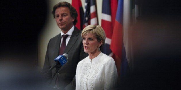 Australian Foreign Minister Julie Bishop speaks during a press conference after the Security council meeting at the United Nations Headquarters in New York on July 29, 2015. AFP PHOTO/ KENA BETANCUR (Photo credit should read KENA BETANCUR/AFP/Getty Images)
