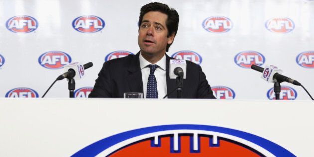 MELBOURNE, AUSTRALIA - JULY 03: AFL CEO, Gillon McLachlan speaks to media during a press conference at AFL House on July 3, 2015 in Melbourne, Australia. Gillon McLachlan announced that the round 14 AFL match between the Adelaide Crows and the Geelong Cats would be abandoned after the death of Crows coach Phil Walsh. Walsh was found dead after an alleged domestic dispute in his Somerton Park home in Adelaide overnight. (Photo by Robert Cianflone/Getty Images)