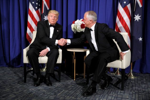 U.S. President Donald Trump meets with Australia's Prime Minister Malcolm Turnbull ahead of an event commemorating the 75th anniversary of the Battle of the Coral Sea, aboard the USS Intrepid Sea, Air and Space Museum in New York, U.S. May 4, 2017. REUTERS/Jonathan Ernst