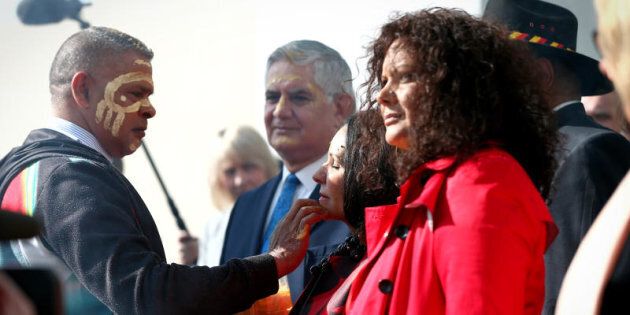 Ken Wyatt, Linda Burney and Malarndirri McCarthy during the welcome to country ceremony on the forecourt to mark the opening of the 45th Parliament