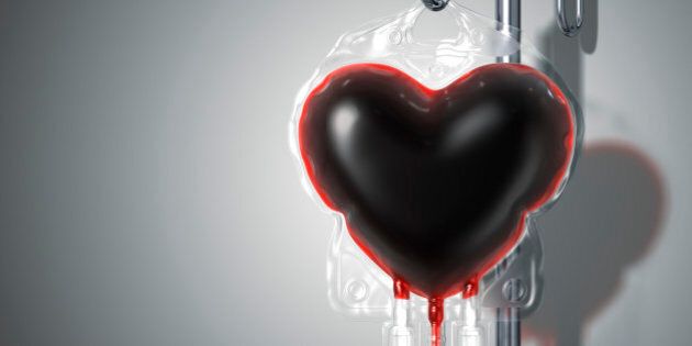 A blood bag looks like heart on the stand. Include a clipping path. 3D render.