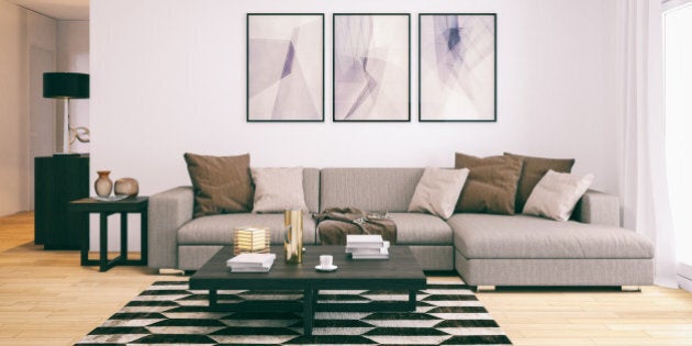 An image of domestic living room, minimalistic zen-like design, warm colors. Render image.