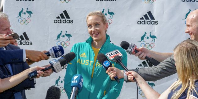 BONDI, SYDNEY, AUSTRALIA - 2016/04/19: Australian Olympic Swimmer Madison Wilson speaks to the media at a media launch to unveil the official uniforms to be worn by the Australian Olympic team during the 2016 Games. (Photo by Hugh Peterswald/Pacific Press/LightRocket via Getty Images)