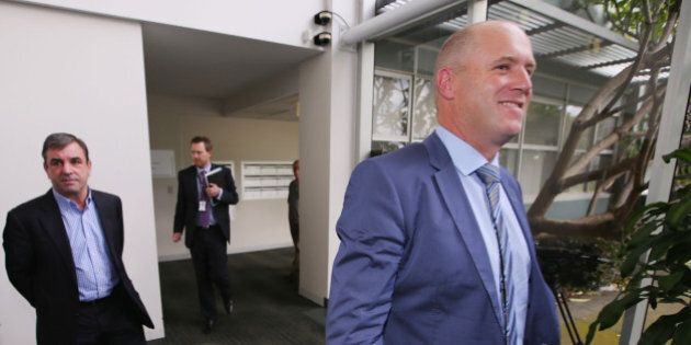 MELBOURNE, AUSTRALIA - JULY 29: Horse Trainers Mark Kavanagh (L) and Danny O'Brien leave the Racing Victoria hearing at Racing Victoria HQ on July 29, 2015 in Melbourne, Australia. Racing Victoria issued show cause notices to trainers for alleged breaching of Australian Rules of Racing after horses were found with excess levels of cobalt. (Photo by Michael Dodge/Getty Images)