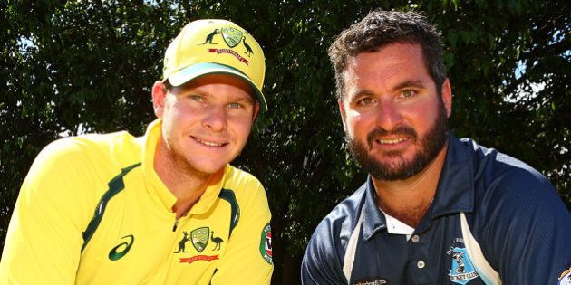 PERTH, AUSTRALIA - JANUARY 10: Kurt Ramponi and Steven Smith pose during the Victoria Bitter ODI series launch at The Empire Bar on January 10, 2016 in Perth, Australia. Kurt Ramponi, representing his father Darrell Ramponi was presented a Victoria Bitter ODI series shirt featuring his name, as part of Victoria Bitter's Earn a Place in the Australian Cricket Team promotion. (Photo by Paul Kane - CA/Cricket Australia/Getty Images)