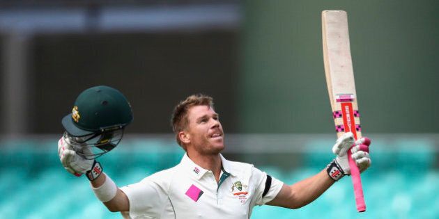 SYDNEY, AUSTRALIA - JANUARY 07: David Warner of Australia celebrates after reaching his century during day five of the third Test match between Australia and the West Indies at Sydney Cricket Ground on January 7, 2016 in Sydney, Australia. (Photo by Ryan Pierse - CA/Cricket Australia/Getty Images)