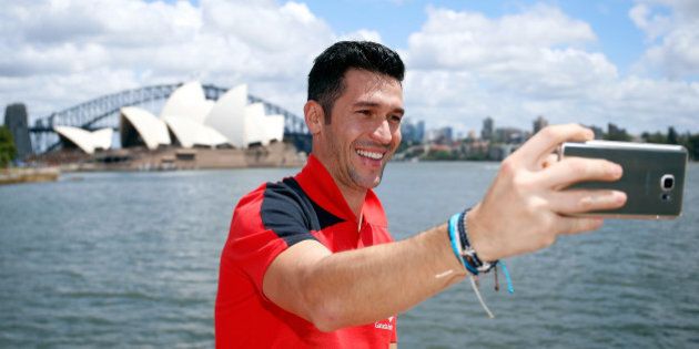 SYDNEY, AUSTRALIA - JANUARY 07: Luis Garcia takes a selfie in Sydney Harbour on January 7, 2016 in Sydney, Australia. (Photo by Zak Kaczmarek - Liverpool FC/Liverpool FC via Getty Images)