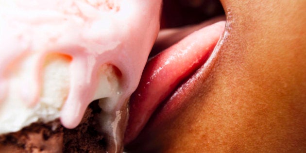 Boy eating ice cream. Most ice cream is high in fat and sugar, and consequently high in calories. Ice cream has virtually no vitamins or fibre, but it can supply calcium, which is necessary for the development and maintenance of healthy bones.