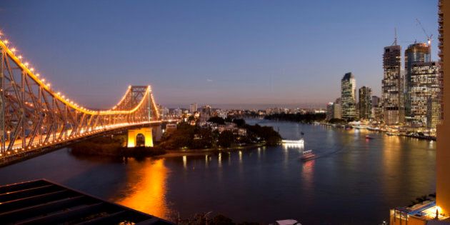 Story Bridge, Kangaroo Point, Brisbane River and city centre at night, Brisbane, Queensland, Australia, Pacific