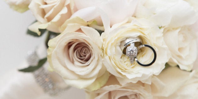 Close-up of Rings in Bouquet of Roses, Studio Shot