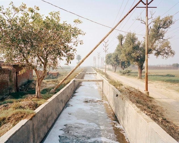 Polluted water flows through an irrigation channel used to feed the crops in the agricultural belt surrounding Kanpur's industrial heartland.