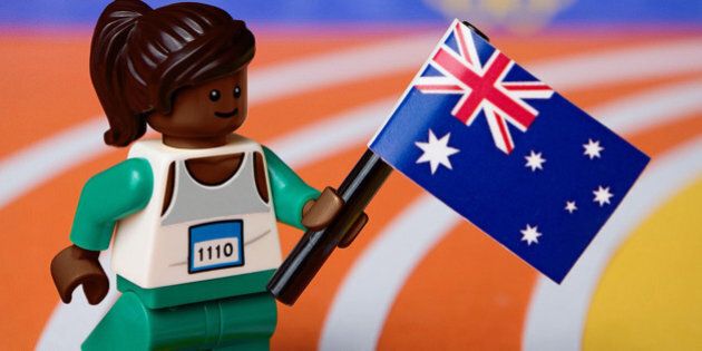 UNSPECIFIED - AUGUST 26: In this handout provided by LEGO Australia, a LEGO recreation of Cathy Freeman winning gold in the 400m at the 2000 Sydney Olympic Games, on August 26, 2012. LEGO Australia today unveiled LEGO Minifigure recreations of the top ten Australian moments from the past 50 years. (Photo by Mike Stimpson/LEGO Australia via Getty Images)