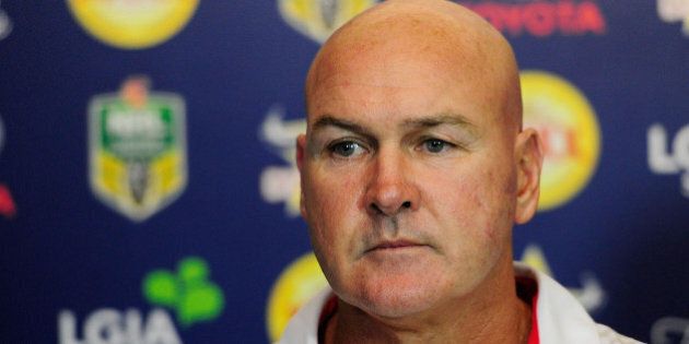 TOWNSVILLE, QUEENSLAND - APRIL 02: Dragons coach Paul McGregor looks on at the post match media conference at the end of during the round five NRL match between the North Queensland Cowboys and the St George Illawarra Dragons at 1300SMILES Stadium on April 2, 2016 in Townsville, Australia. (Photo by Ian Hitchcock/Getty Images)