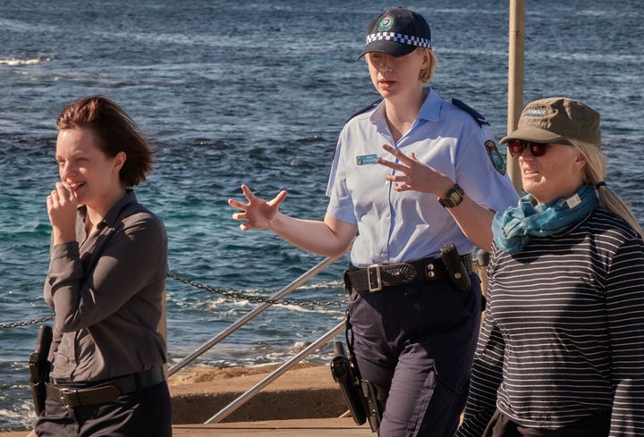 Moss, Christie and Campion on set in Bondi Beach.