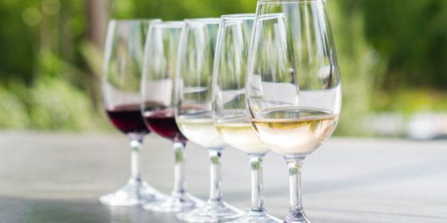 Wine tasting in Stellenbosch, South Africa. From the front: blanc de noir, chardonnay, sauvignon blanc, merlot, cabernet sauvignon.