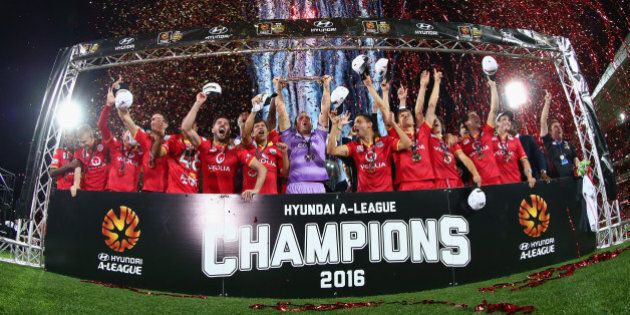 ADELAIDE, AUSTRALIA - MAY 01: Adelaide United celebrate after they defeated the Wanderers during the 2015/16 A-League Grand Final match between Adelaide United and the Western Sydney Wanderers at Adelaide Oval on May 1, 2016 in Adelaide, Australia. (Photo by Robert Cianflone/Getty Images)