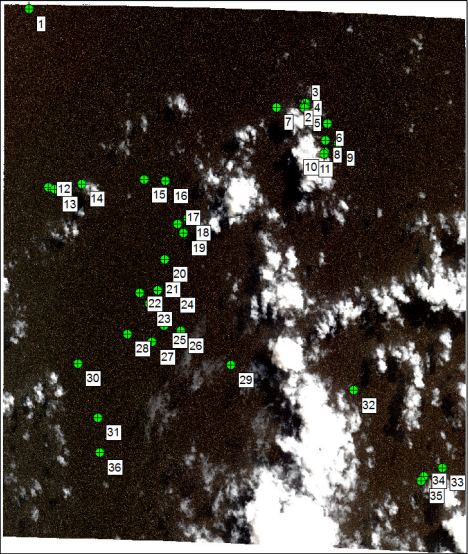 What looks like a bunch of dots is satellite image PHR_4. There are 36 objects in this frame, 9 of which are "probably man-made".