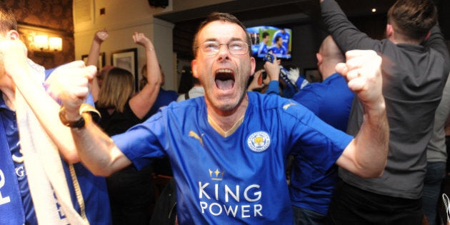 LEICESTER, ENGLAND - MAY 02: Leicester City Fans at The Local Hero pub on Freemans Common watching Tottenham Hotspur Play Chelsea on May 2nd , 2016 in Leicester, United Kingdom. (Photo by Plumb Images/Leicester City FC via Getty Images)