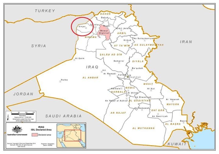Sinjar, circled in red, and Mosul, in shaded red