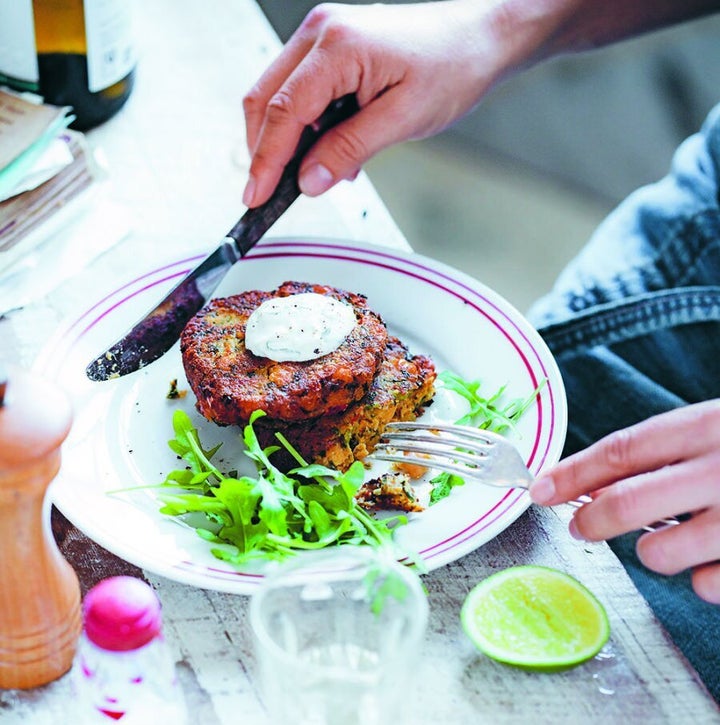 Pile these burger patties high in a bun with salad and cucumber yoghurt sauce.