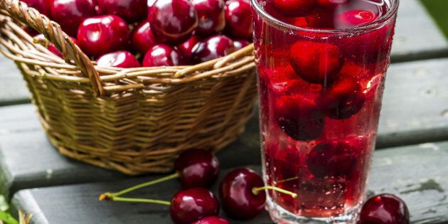Fresh juice made of sweet cherries and ice.