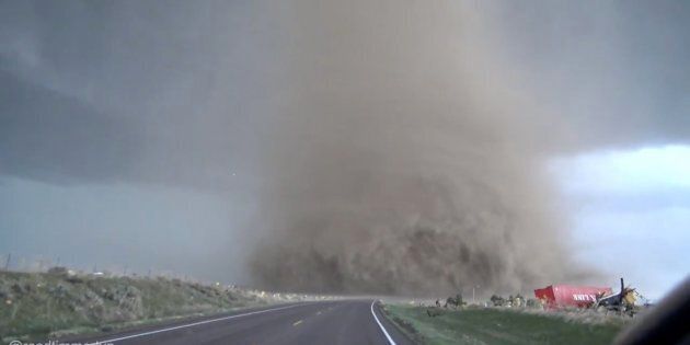 Driving into a tornado.