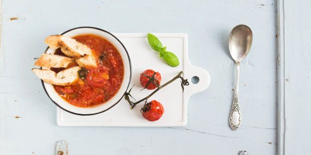 Italian tomato, garlic and basil soup with white bread.