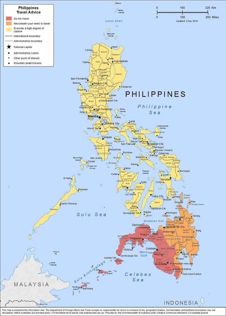 The Australian Government's Smart Traveller website shows safety warnings heighten in the Philippines' southern regions.