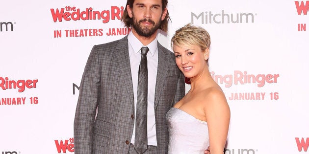 Tennis player Ryan Sweeting and actress Kaley Cuoco-Sweeting attend the world premiere of 'The Wedding Ringer' on Jan. 6, 2015 in Hollywood, California.