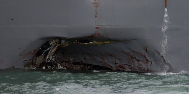 The U.S. Navy guided-missile destroyer USS John S. McCain is seen after a collision, in Singapore waters.