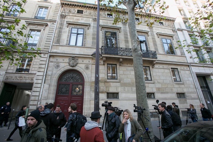 Journalists stand in front of Kim Kardashian West's luxury apartment, Hotel de Pourtales on Rue Tronchet, after being robbed at gunpoint by masked men.