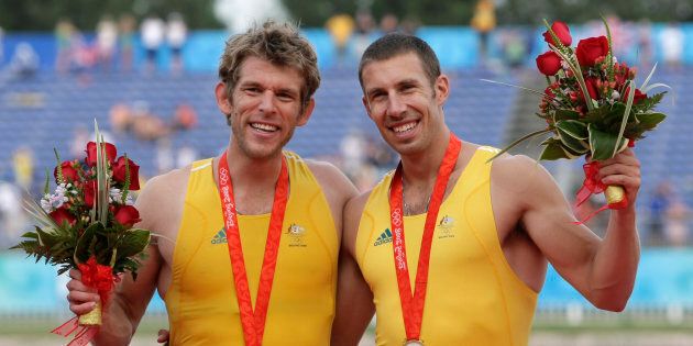 That's Kim's husband Scott Brennan (right) with David Crawshay after winning gold in double sculls in Beijing in 2008.