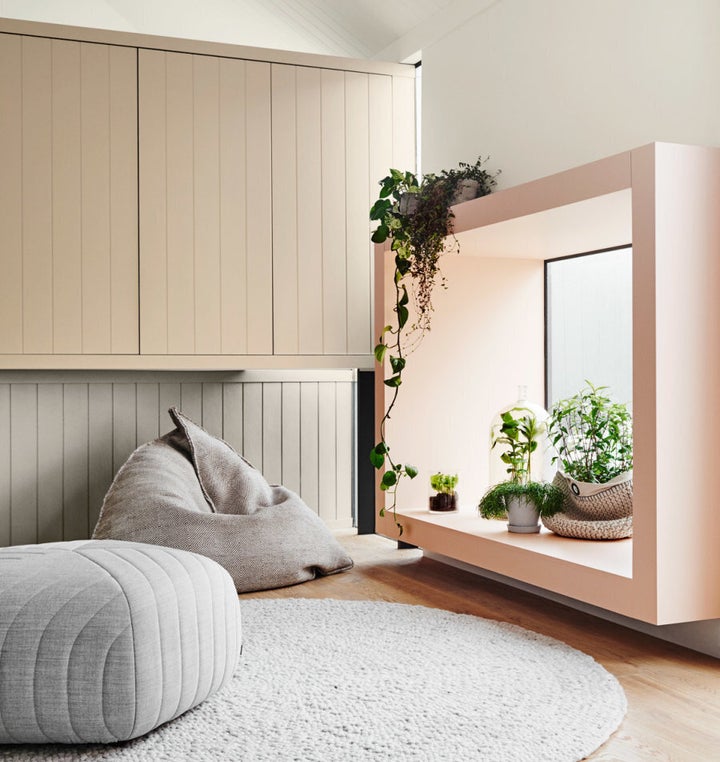 Styled by Bree Leech and Heather Nette King for Dulux Colour Trends 2017, this room features Dulux Pupu Springs on the main wall, cupboards on the left in Land Light, joinery details in Land Light (top) and Beige Mystery (bottom) and window box in Pinkham.