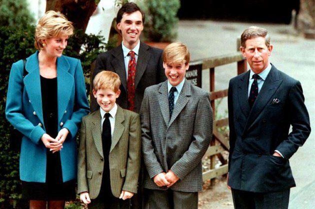 The Prince and Princess of Wales, Prince Harry, and housemaster Dr Andrew Gayley (behind) escort Prince William (2R), second in line to the throne, for his first day of term at the world famous Eton College September 6, 1995. Princess Diana and her millionaire companion Dodi Al Fayed were killed in a car crash August 31 in Paris after being chased by photographers on motorcycles. DIANA