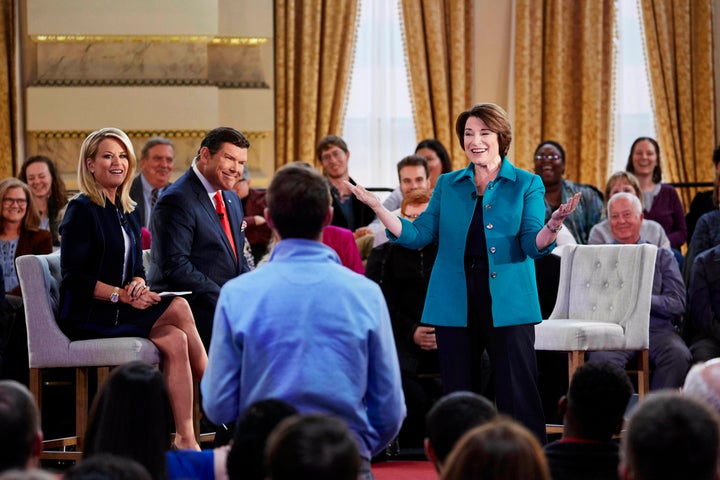 Democratic presidential candidate Sen. Amy Klobuchar takes questions at a Fox News town hall meeting on May 8, 2019, in Milwa