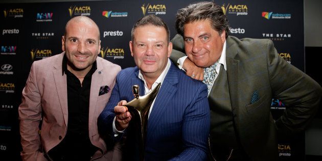 George Calombaris, Gary Mehigan and Matt Preston win the AACTA for Best Reality Television Series in 2015. (Photo by Mark Metcalfe/Getty Images for AFI)