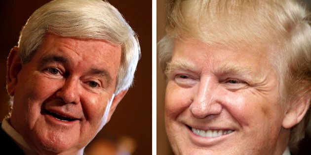 A combination photo shows U.S. Republican presidential candidate and former U.S. House Speaker Newt Gingrich (L) speaking in Des Moines, Iowa, December 21, 2011 and U.S. property magnate Donald Trump smiling during the inauguration of the Trump Ocean Club in Panama City July 6, 2011. Trump will endorse Gingrich in the race for the 2012 Republican presidential nomination, U.S. media reported on February 1, 2012. REUTERS/Jeff Haynes (L) and Alberto Lowe/Files (ELECTIONS POLITICS ENTERTAINMENT REAL ESTATE BUSINESS)