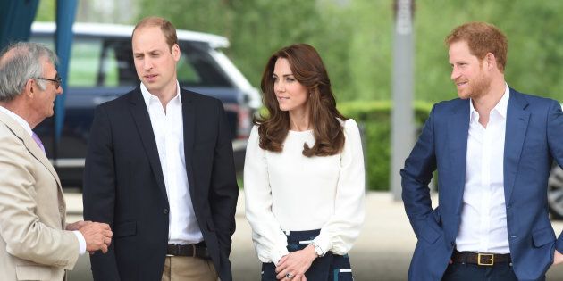 LONDON, ENGLAND - MAY 16: Prince William, Duke of Cambridge, Catherine, Duchess of Cambridge and Prince Harry arrive to attend the launch of Heads Together Campaign at Olympic Park on May 16, 2016 in London, England. (Photo by Stuart C. Wilson/Getty Images)
