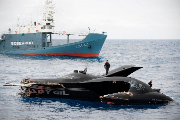 The damaged powerboat Ady Gil, which belongs to the Sea Shepherd Conservation Society, floats near the Japanese ship Shonan Maru No. 2 (back) after a collision between the two vessels in the Southern Ocean January 6, 2010.