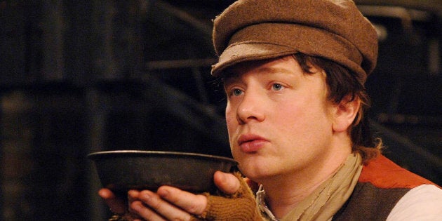 You want MORE?! Jamie Oliver plays Oliver Twist for a sketch for the Friday Night Project, at the London Studios in central London.