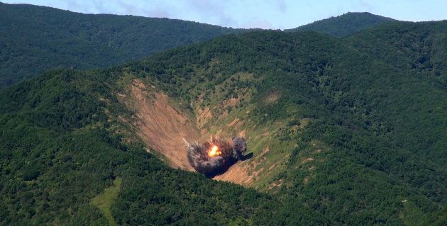 A bomb hits a mock target at the Pilseung Firing Range on August 29, 2017 in Gangwon-do, South Korea. The ballistic missile launched by North Korea flew over Northern Japan and fell into the Pacific Ocean.