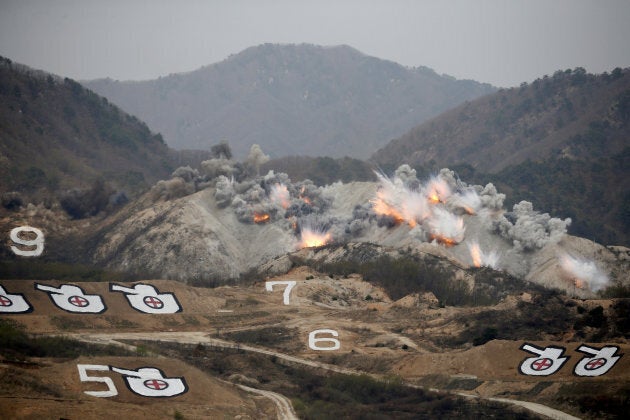 Explosions are seen at a target, during a U.S.-South Korea joint live-fire military exercise near the demilitarised zone, separating the two Koreas.