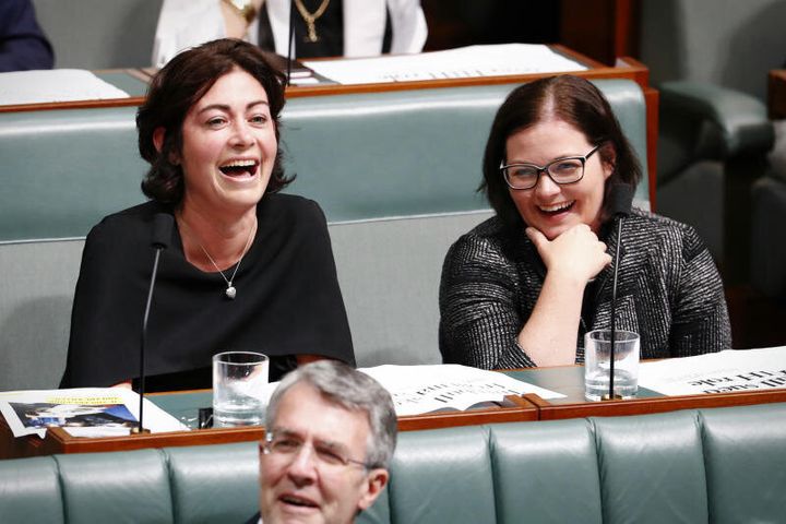 Labor MPs Terri Butler and Lisa Chesters enjoying question time in parliament