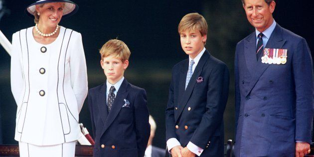 The Prince & Princess Of Wales and Princes William & Harry attend The Vj Day 50th anniversary celebrations In London, Aug. 19, 1995. (Antony Jones/Julian Parker/UK Press via Getty Images)