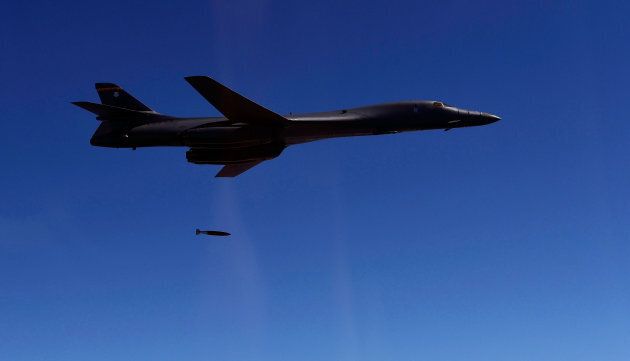 A U.S. Air Force B-1B Lancer bomber drops a bomb during a training at the Taebaek Pilsung Firing Range.