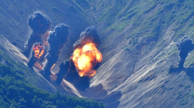 Bombs hit mock target at the Pilseung Firing Range on August 31, 2017 in Gangwon-do, South Korea.