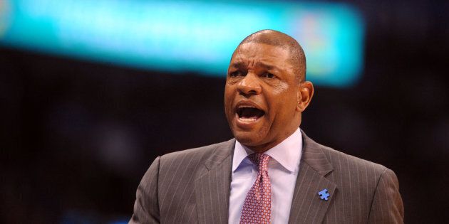 Mar 31, 2016; Oklahoma City, OK, USA; Los Angeles Clippers head coach Doc Rivers reacts to a play against the Oklahoma City Thunder during the third quarter at Chesapeake Energy Arena. Mandatory Credit: Mark D. Smith-USA TODAY Sports