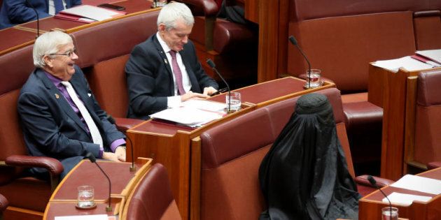 Pauline Hanson wears a burqa during question time at Parliament House in Canberra on Thursday 17 August.