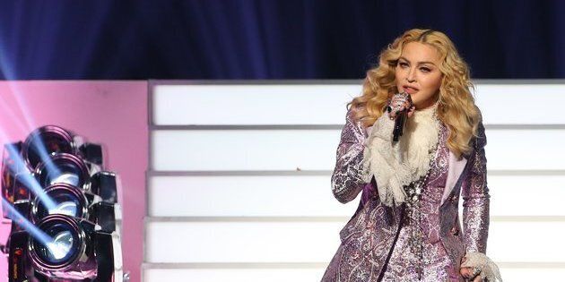 Singer Madonna is seen on stage during the 2016 Billboard Music Awards for her Prince tribute.